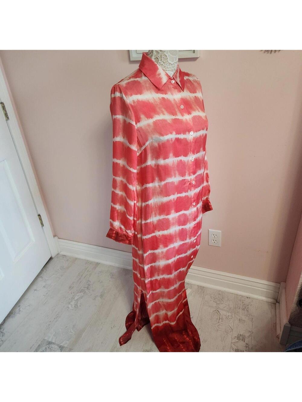 NWT Soft Surroundings Tie Dye Maxi Shirt Dress Coral Satin Women's Large